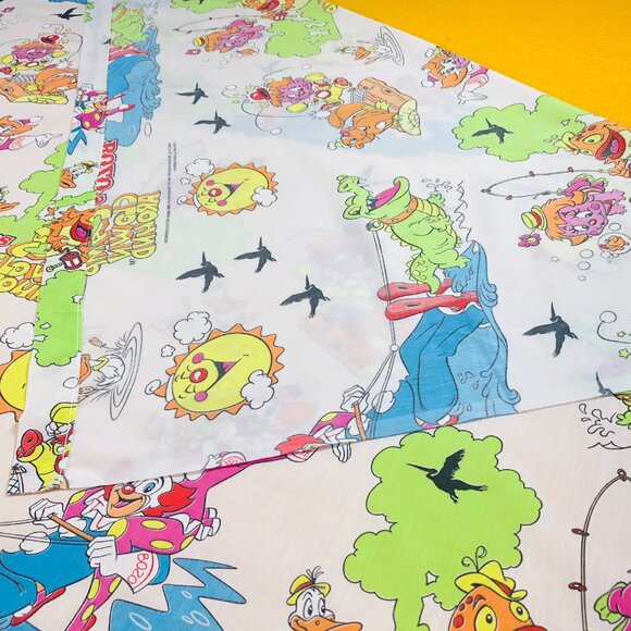 90s Bozo's Camp Clown Around TWIN Bed FLAT Top Sheet Vintage Character Bedding - Picture 9 of 10